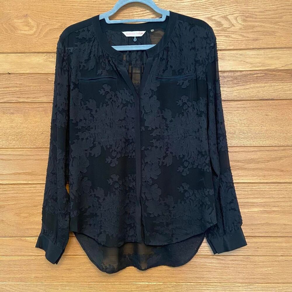 Rebecca Taylor black floral burnout silk button front blouse